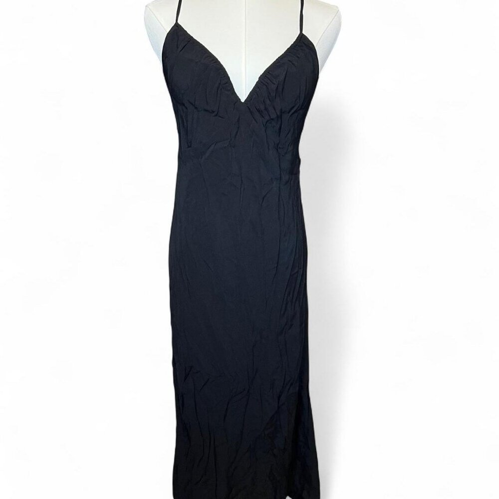 black strappy midi v neck dress with adjustable straps